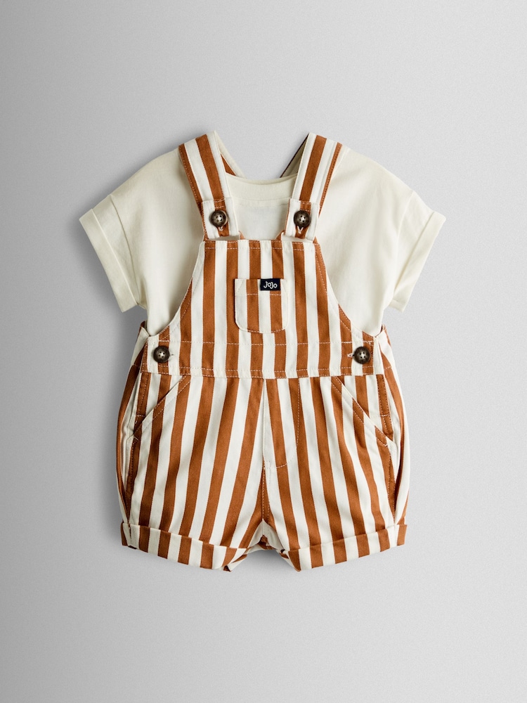 Bronz Maro Dungă - JoJo Maman Bébé 2-Piece Twill Dungaree Set & T-Shirt - Imaginea 1 din 6