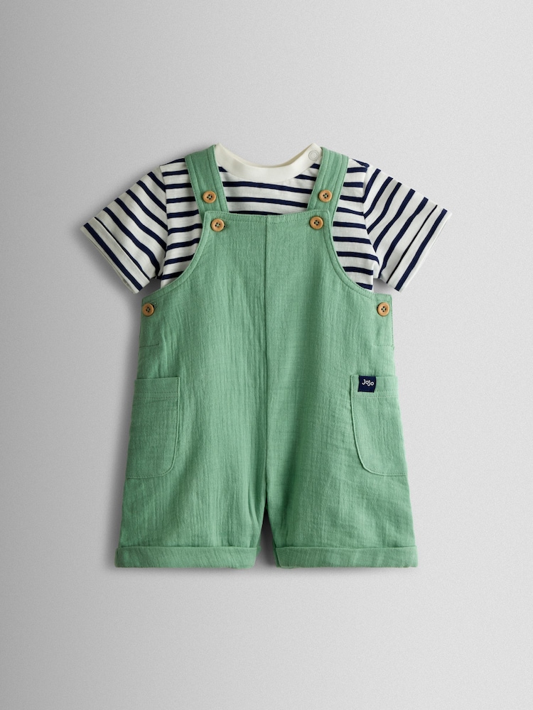 მწვანე - JoJo Maman Bébé 2-Piece Cheesecloth Dungarees & T-Shirt Set - სურათი 1 6-დან
