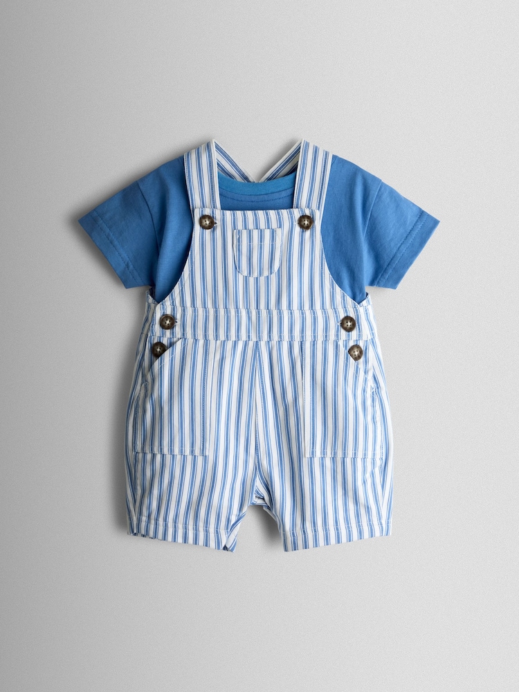 Albastru - JoJo Maman Bébé 2-Piece Twill Dungaree Set & T-Shirt - Imaginea 1 din 6