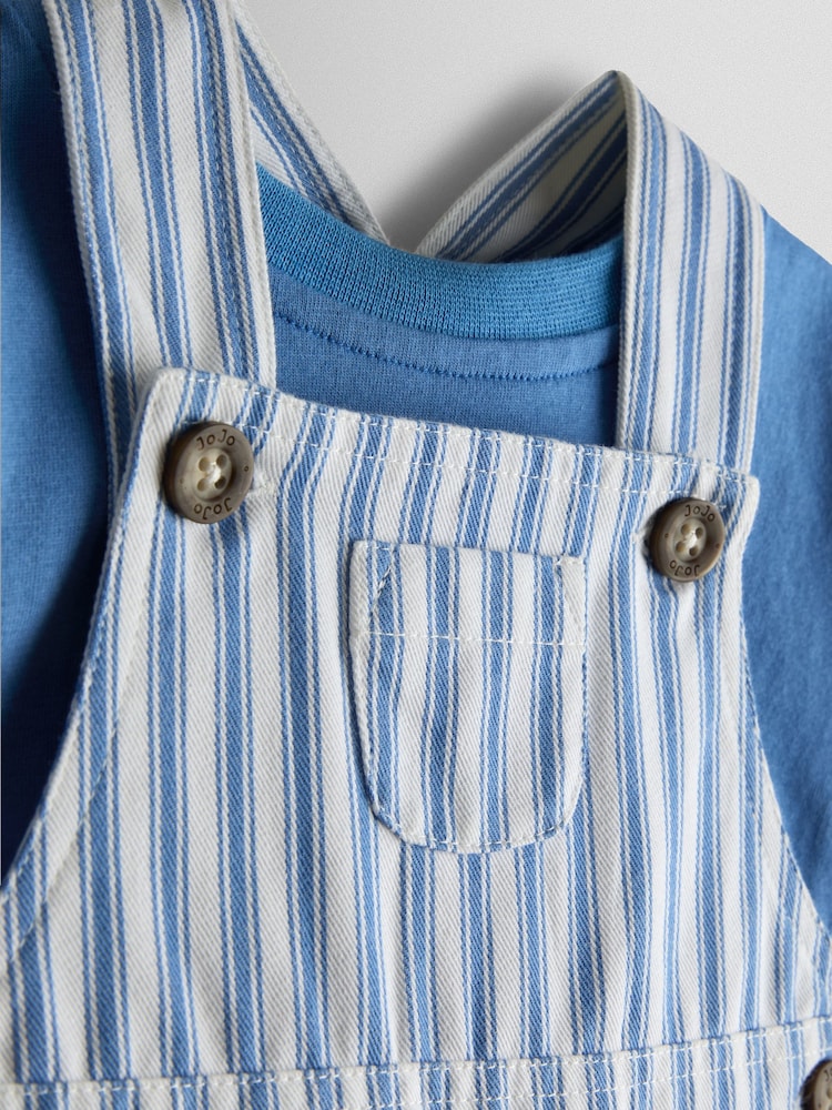 Albastru - JoJo Maman Bébé 2-Piece Twill Dungaree Set & T-Shirt - Imaginea 6 din 6