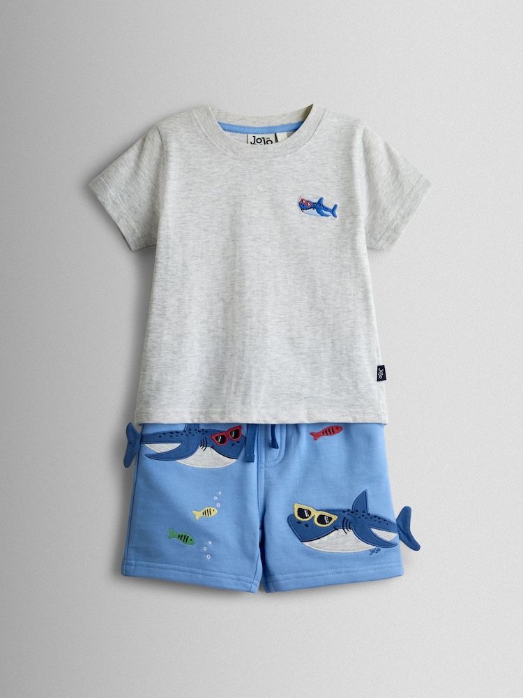 JoJo Maman Bébé Light Blue Shark 2-Piece T-Shirt & Shorts Set - Image 1 of 7