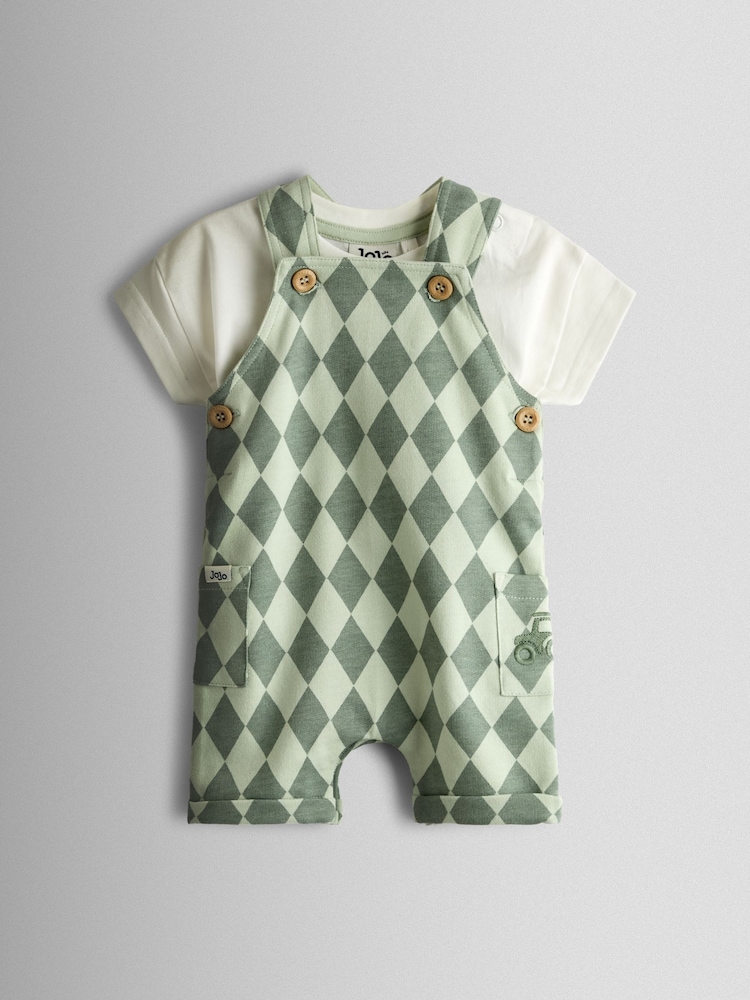 JoJo Maman Bébé Green 2-Piece Harlequin Dungarees & T-Shirt Set - Image 1 of 7 JoJo Maman Bébé Green 2-Piece Harlequin Dungarees & T-Shirt Set - Image 1 of 7
