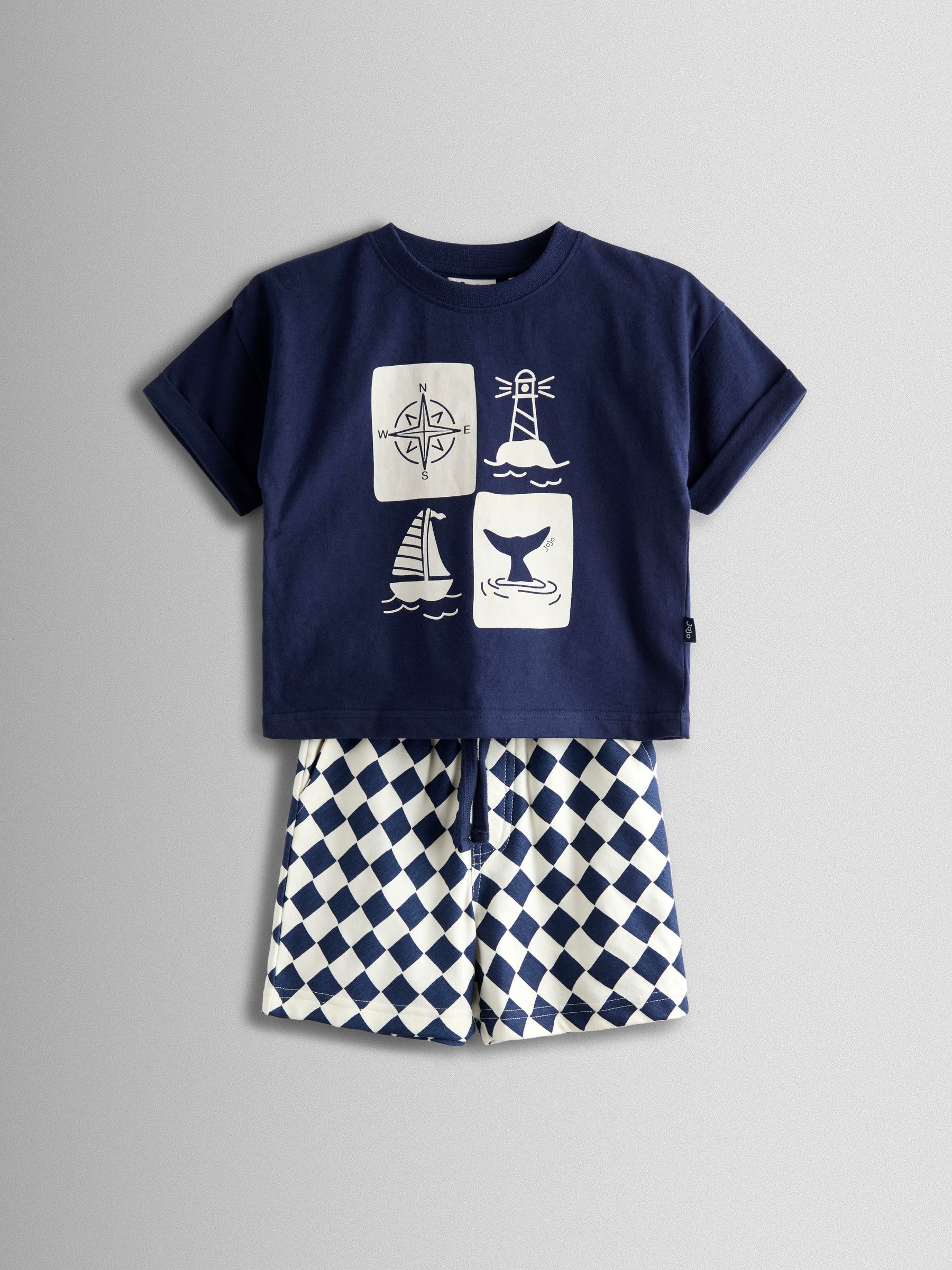 JoJo Maman Bébé Navy Nautical Printed T-Shirt & Shorts Set