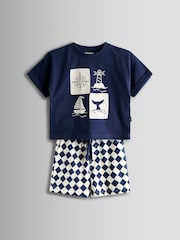JoJo Maman Bébé Navy Nautical Printed T-Shirt & Shorts Set - Image 1 of 6