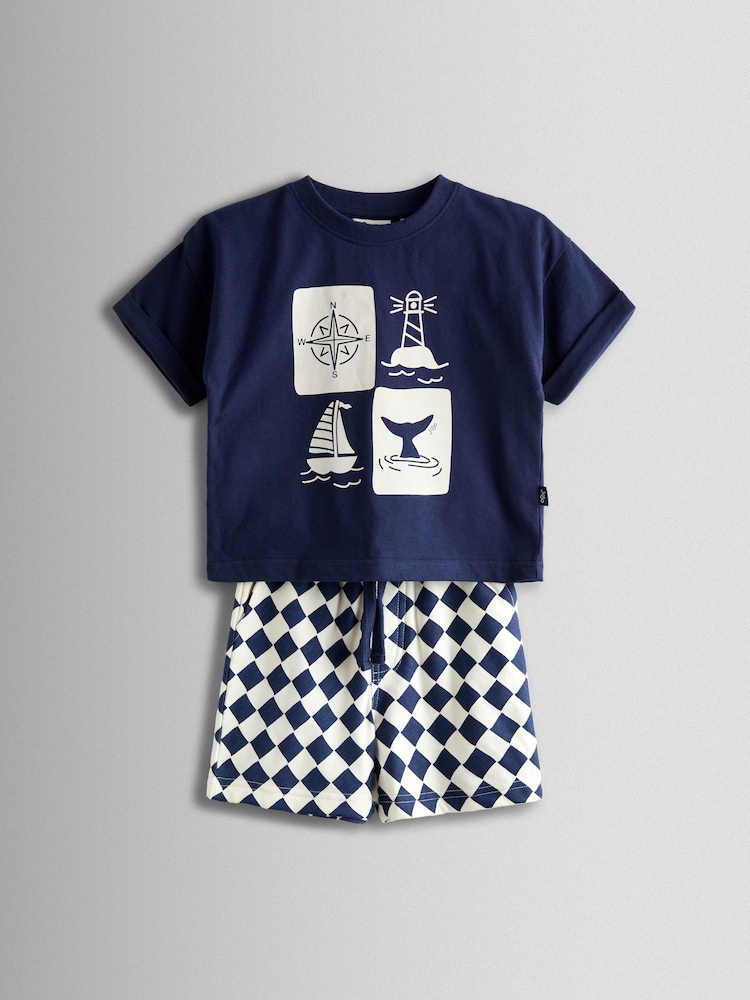 JoJo Maman Bébé Navy Nautical Printed T-Shirt & Shorts Set - Image 1 of 6