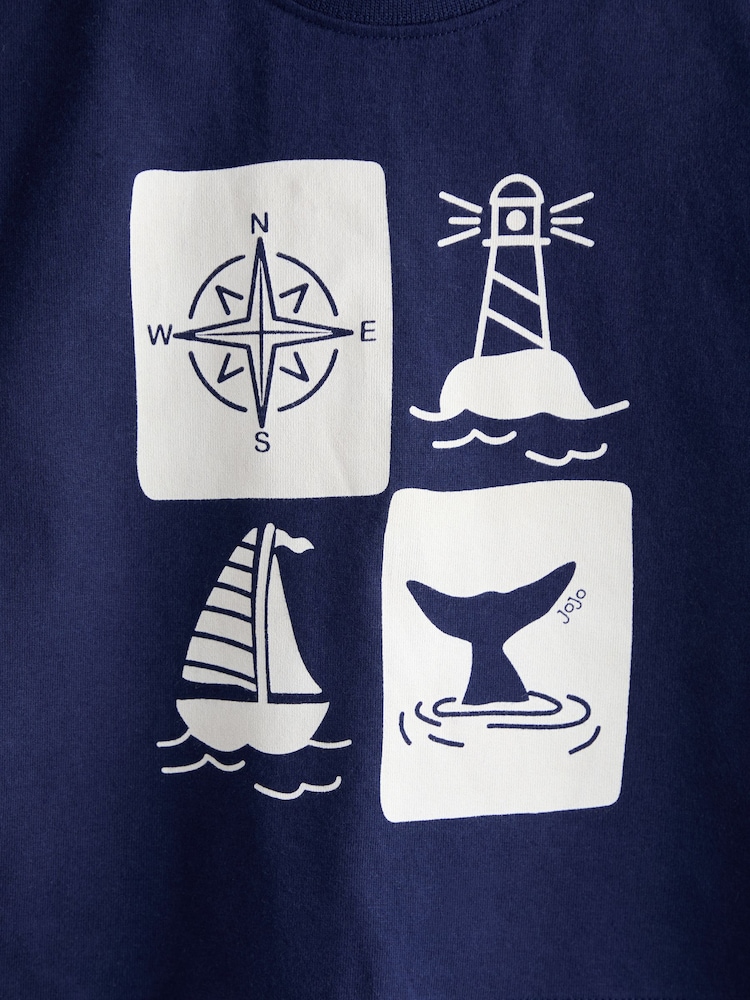 JoJo Maman Bébé Navy Nautical Printed T-Shirt & Shorts Set - Image 6 of 6