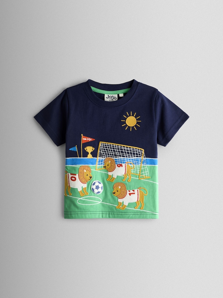 JoJo Maman Bébé Navy Blue Three Lions Appliqué T-Shirt - Image 1 of 3