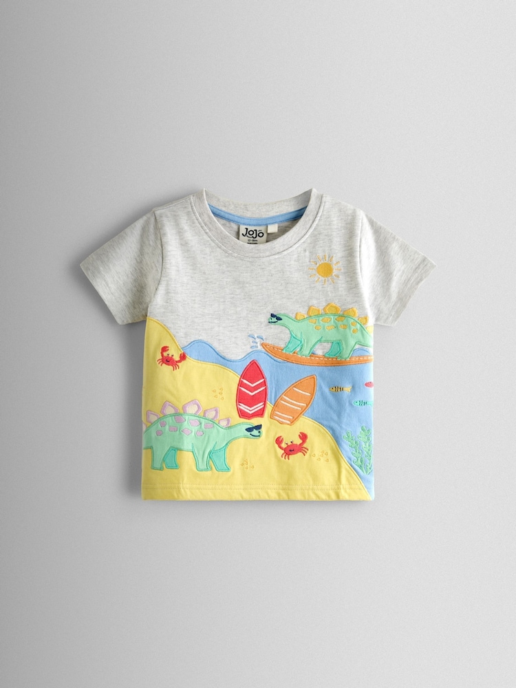 JoJo Maman Bébé Grey Surfing Dino Scene Applique T-Shirt - Image 1 of 3
