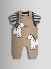 JoJo Maman Bébé Natural Zebra 2-Piece Zebra Appliqué Dungarees & Rib T-Shirt Set - Image 1 of 6