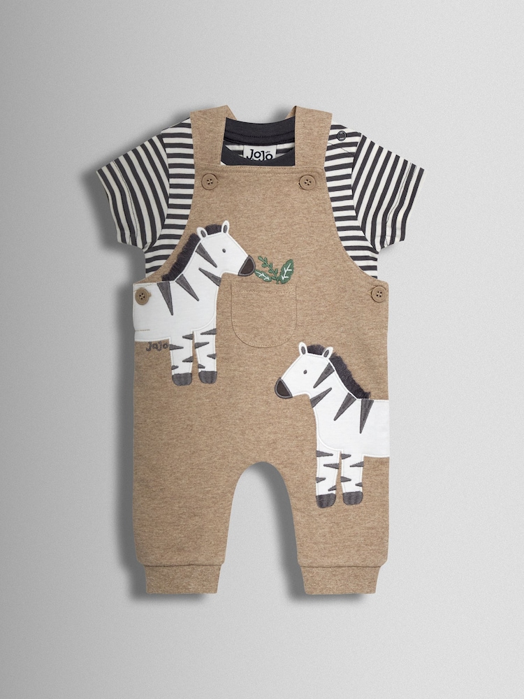 JoJo Maman Bébé Natural Zebra 2-Piece Zebra Appliqué Dungarees & Rib T-Shirt Set - Image 1 of 6 JoJo Maman Bébé Natural Zebra 2-Piece Zebra Appliqué Dungarees & Rib T-Shirt Set - Image 1 of 6