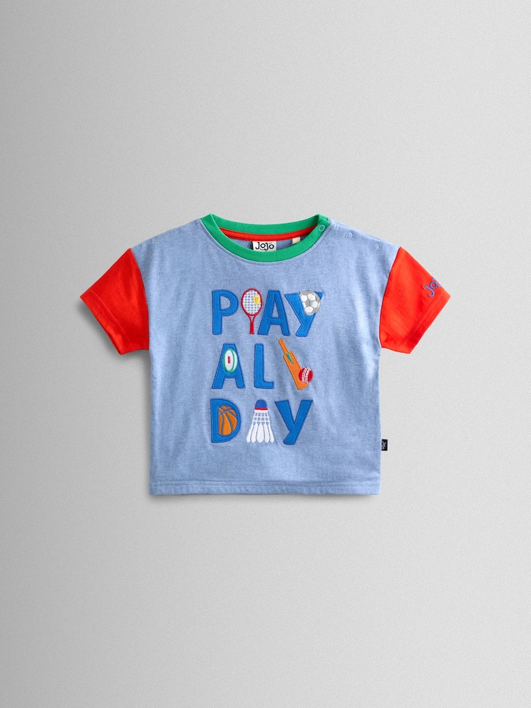 JoJo Maman Bébé Blue Play All Day Slogan Appliqué T-Shirt - Image 1 of 3