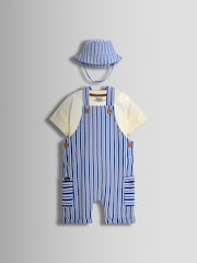 JoJo Maman Bébé Blue 3-Piece Stripe Dungarees & T-Shirt Set with Hat - Image 1 of 8