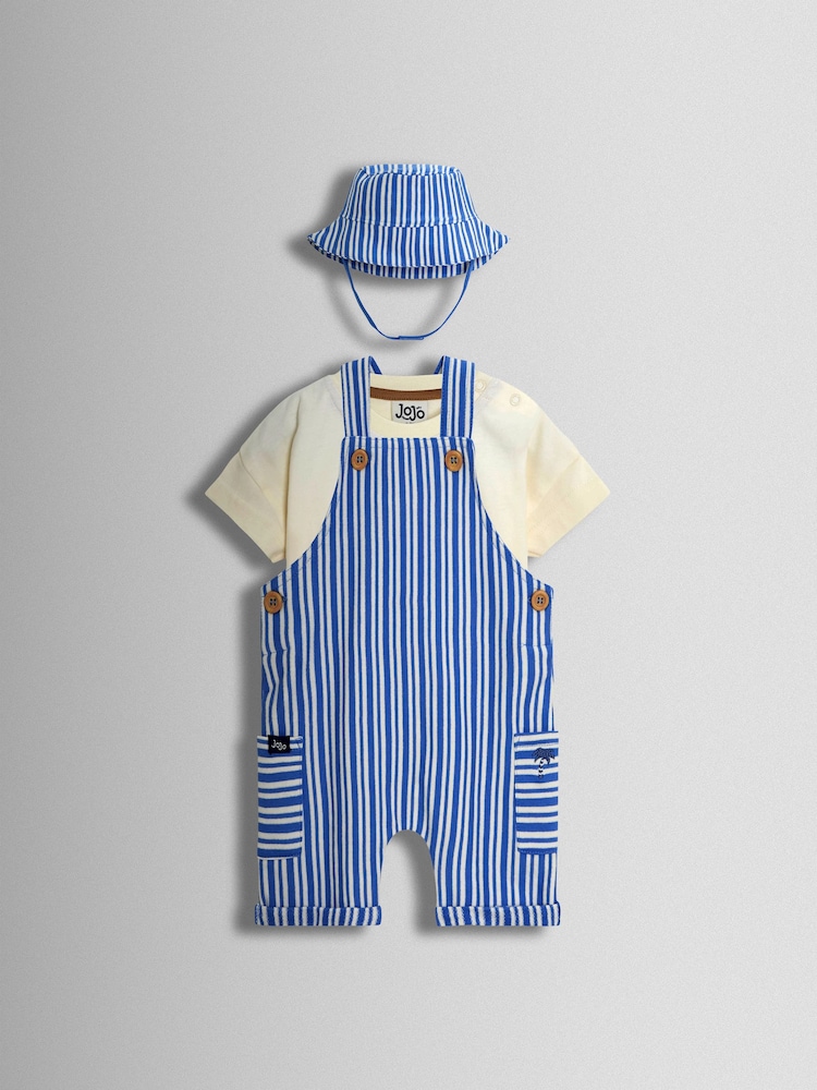 JoJo Maman Bébé Blue 3-Piece Stripe Dungarees & T-Shirt Set with Hat - Image 1 of 8 JoJo Maman Bébé Blue 3-Piece Stripe Dungarees & T-Shirt Set with Hat - Image 1 of 8