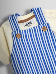 JoJo Maman Bébé Blue 3-Piece Stripe Dungarees & T-Shirt Set with Hat - Image 7 of 8