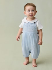 JoJo Maman Bébé Blue 2-Piece Smocked Dungarees & Body Set - Image 1 of 7
