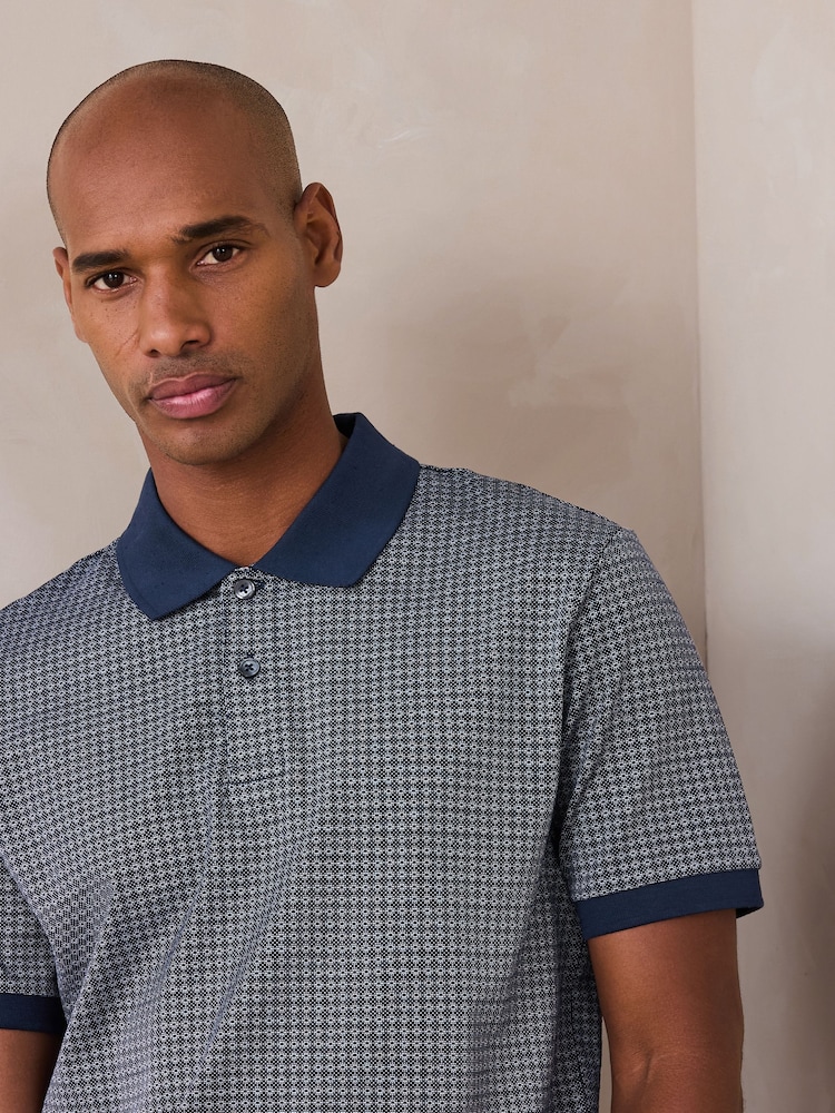 Navy Geo Pattern Quarter Zip Polo Shirt - Image 3 of 3