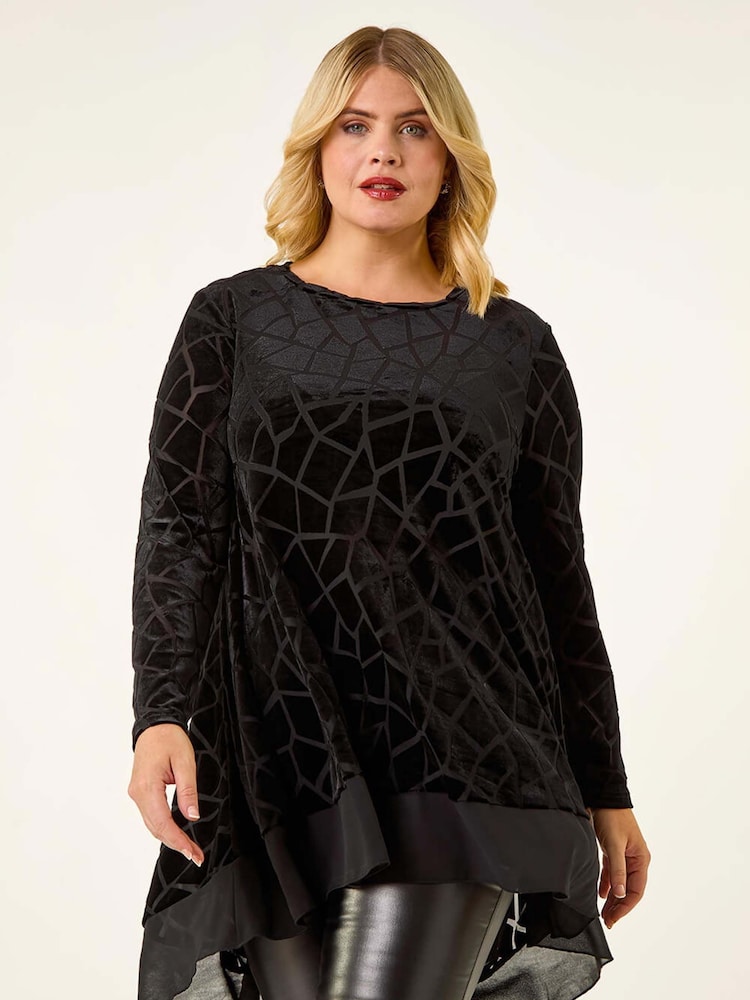 Roman Black Curve Velvet Chiffon Hem Tunic Top - Image 1 of 5 Roman Black Curve Velvet Chiffon Hem Tunic Top - Image 1 of 5