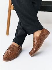 Tan Brown Leather Weave Boat Shoes - Image 2 of 7