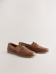 Tan Brown Leather Weave Boat Shoes - Image 3 of 7