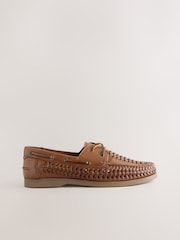 Tan Brown Leather Weave Boat Shoes - Image 4 of 7