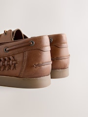 Tan Brown Leather Weave Boat Shoes - Image 5 of 7