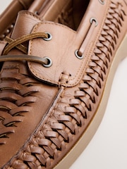 Tan Brown Leather Weave Boat Shoes - Image 6 of 7