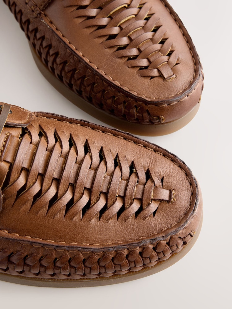 Tan Brown Leather Weave Boat Shoes - Image 7 of 7