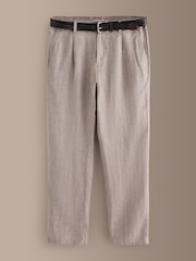 Natural Straight Fit Signature Belted 100% Linen Single Pleat Herringbone Trousers - Image 7 of 11