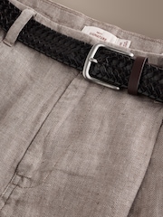 Natural Straight Fit Signature Belted 100% Linen Single Pleat Herringbone Trousers - Image 8 of 11