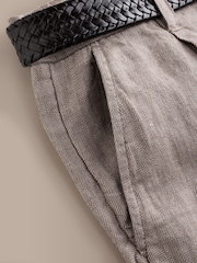 Natural Straight Fit Signature Belted 100% Linen Single Pleat Herringbone Trousers - Image 9 of 11
