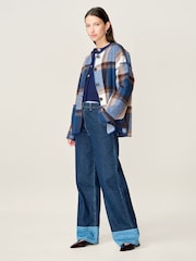Omnes Blue Paolo Wool-Blend Collarless Coat in Blue Check with Oversized Pockets - Image 3 of 5