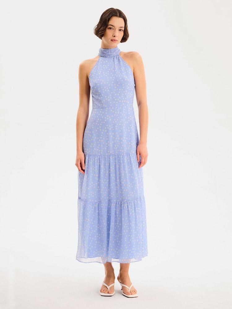 Omnes Blue Romeo Midi High Neck Dress with Tiered Skirt Detail - Image 1 of 5 Omnes Blue Romeo Midi High Neck Dress with Tiered Skirt Detail - Image 1 of 5
