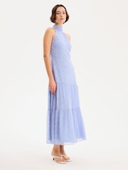Omnes Blue Romeo Midi High Neck Dress with Tiered Skirt Detail - Image 3 of 5