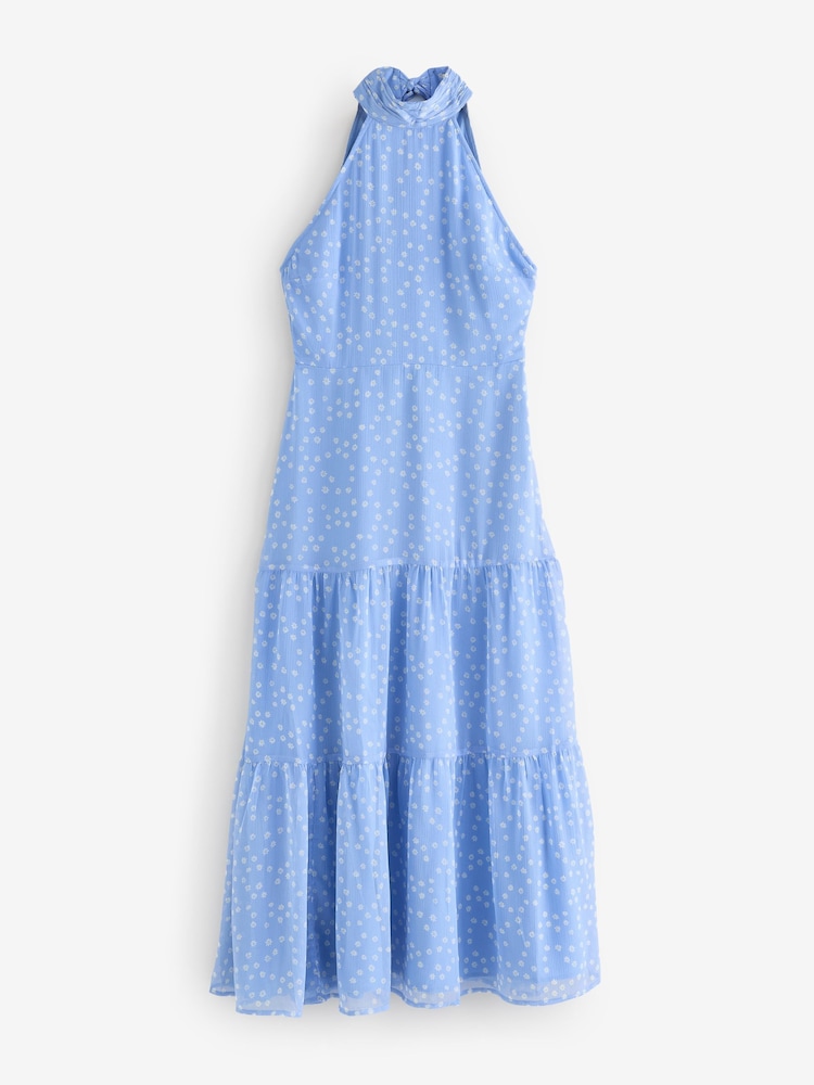 Omnes Blue Romeo Midi High Neck Dress with Tiered Skirt Detail - Image 5 of 5 Omnes Blue Romeo Midi High Neck Dress with Tiered Skirt Detail - Image 5 of 5