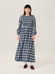 Omnes Navy Saint Stripe Baloon Sleeve Midi Dress - Image 1 of 5
