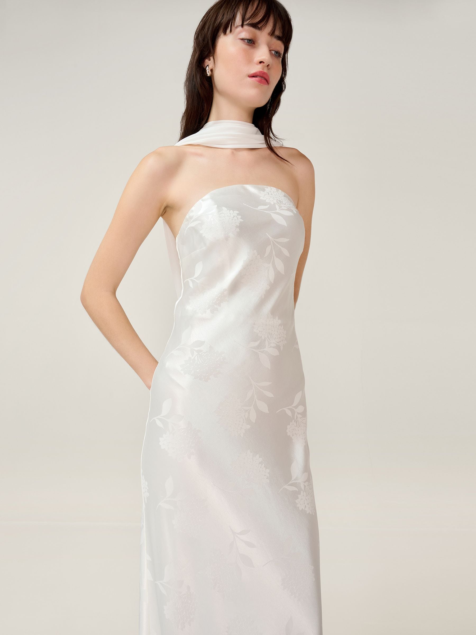 Buy Omnes White Faith Midi Floral Jacquard Dress with Cowl Back