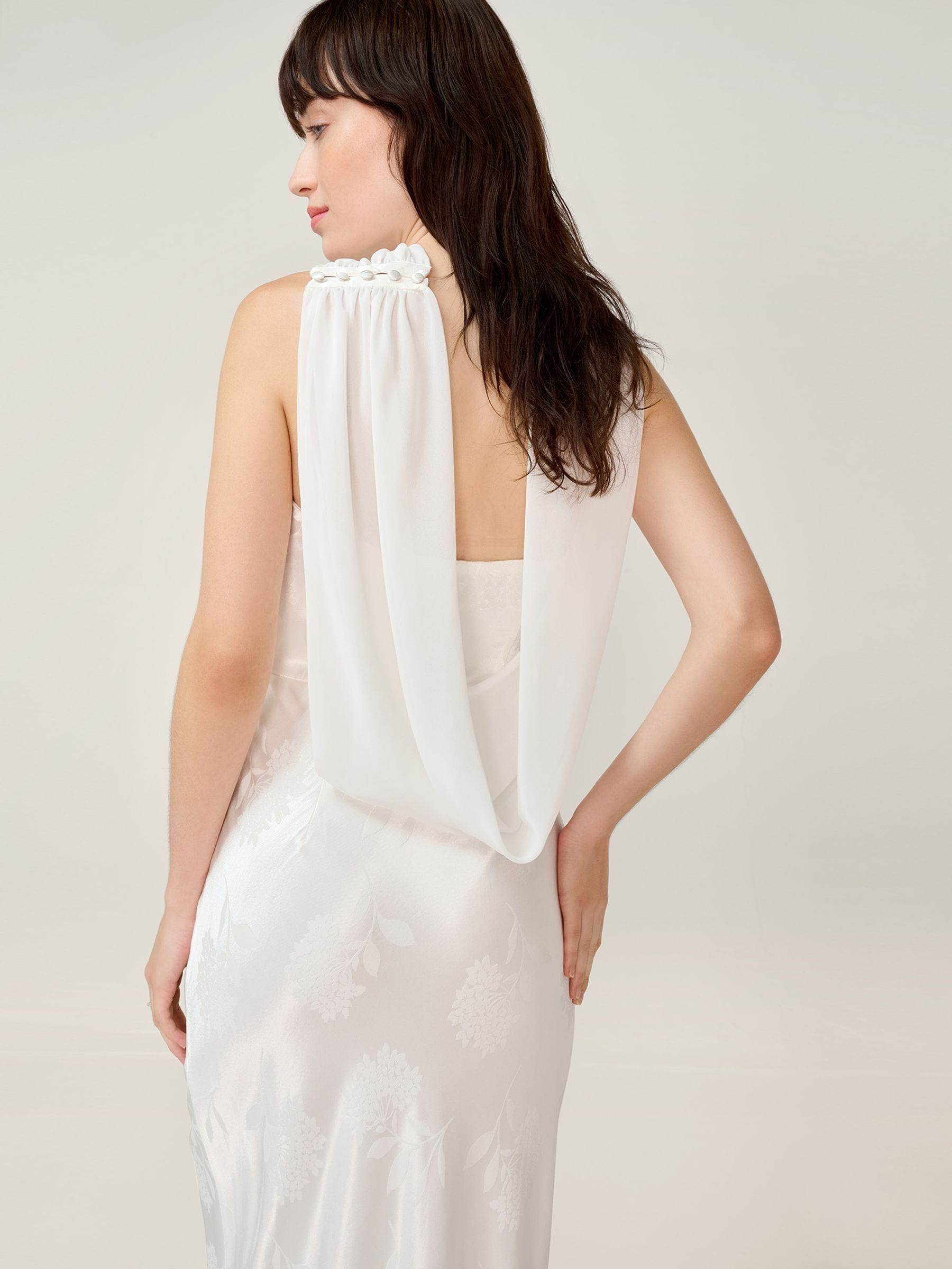 Buy Omnes White Faith Midi Floral Jacquard Dress with Cowl Back