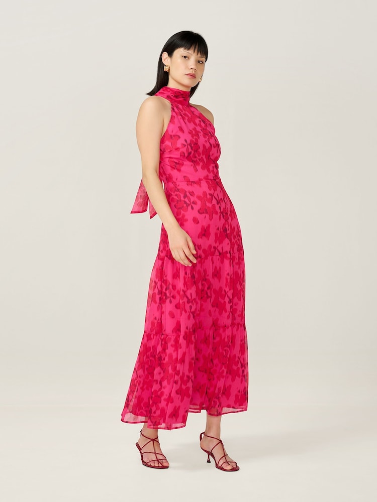 Omnes Pink Romeo Midi High Neck Dress with Tiered Skirt Detail - Image 1 of 5