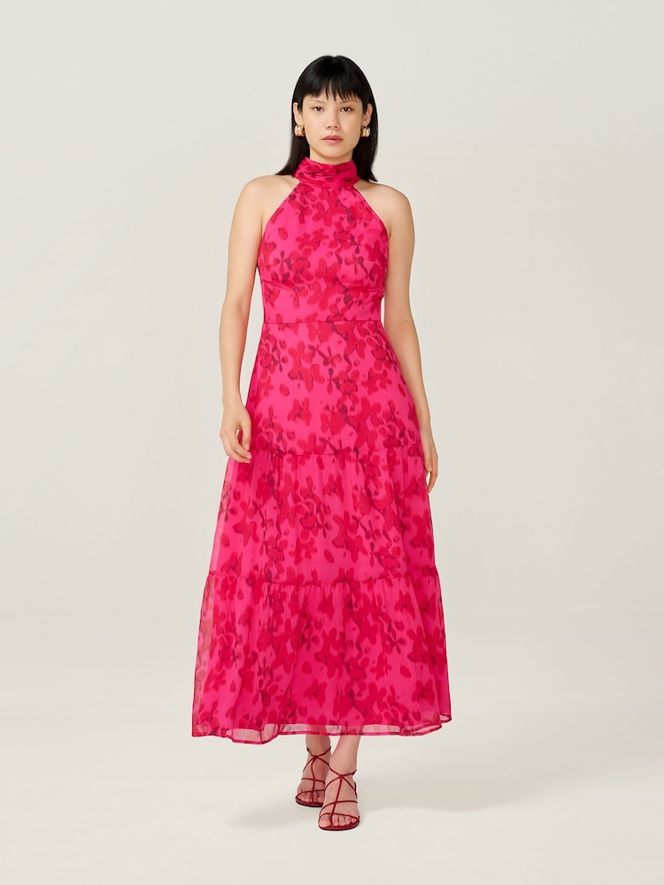 Omnes Pink Romeo Midi High Neck Dress with Tiered Skirt Detail - Image 2 of 5