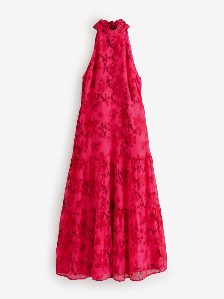 Omnes Pink Romeo Midi High Neck Dress with Tiered Skirt Detail - Image 5 of 5