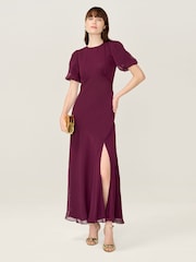 Omnes Red Nola Chiffon Puff Sleeve Side Slit Maxi Dress - Image 1 of 4
