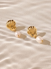 Ton de auriu - Waterproof Stainless Steel Shell Pearl Drop Earrings - Imaginea 4 din 5