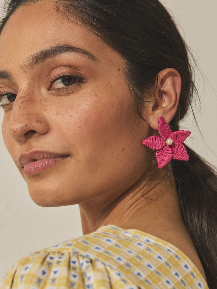 Pink Raffia Statement Flower Stud Earrings - Image 1 of 5 Pink Raffia Statement Flower Stud Earrings - Image 1 of 5