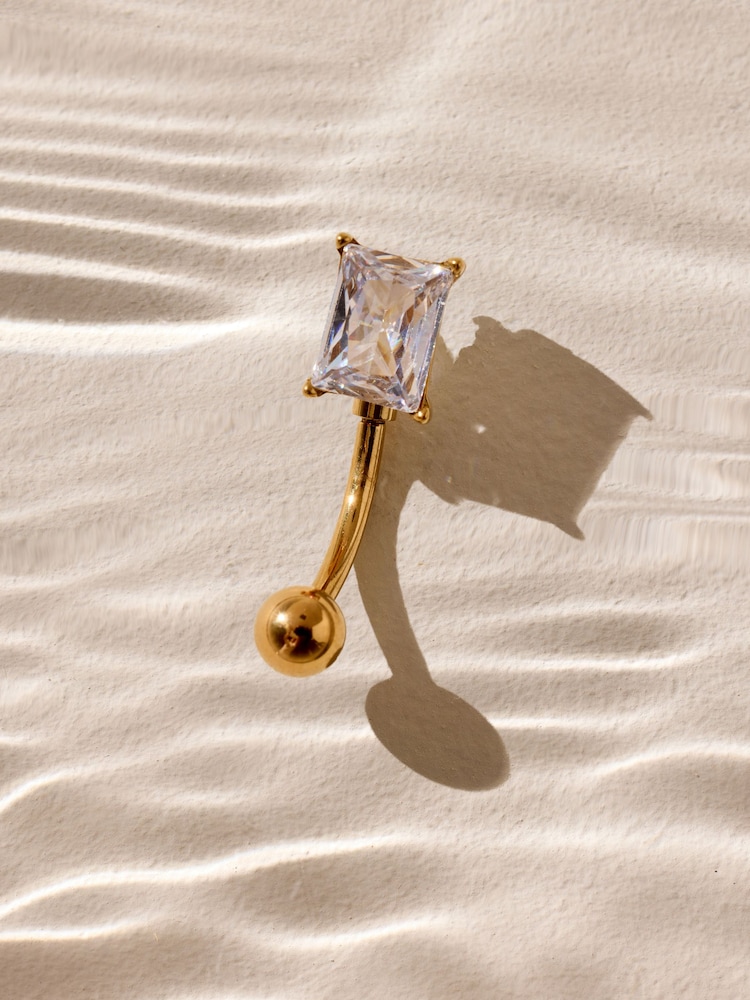 Gold Tone / Cubic Zirconia Waterproof Stainless Steel Belly Bar - Image 2 of 3