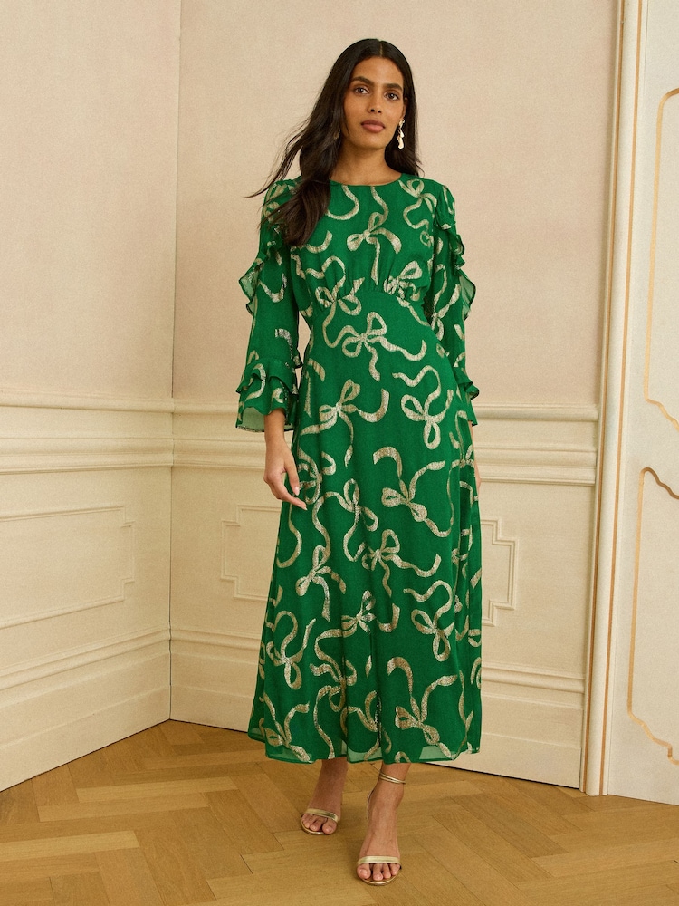 Love & Roses Green Bow Metallic Petite Ruffle Sleeve Maxi Dress - Image 4 of 4