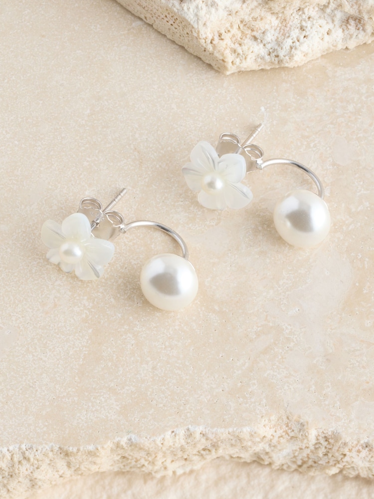 Sterling Silver Floral Pearl Front and Back Earrings - Image 1 of 6