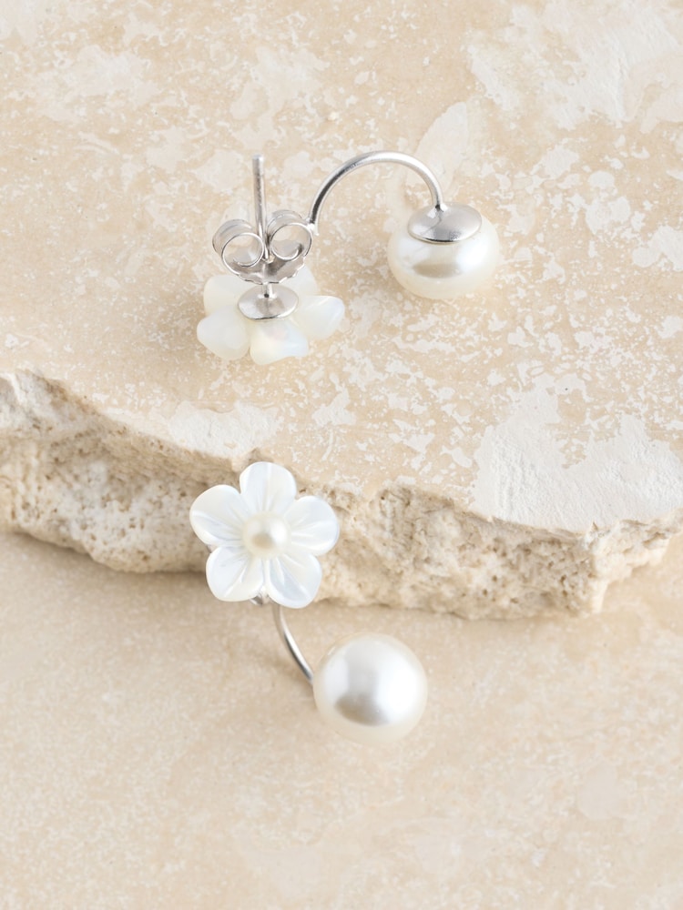 Sterling Silver Floral Pearl Front and Back Earrings - Image 6 of 6