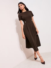 Friends Like These Brown Tab Detail Short Sleeve Midi Tailored Dress - Image 1 of 5