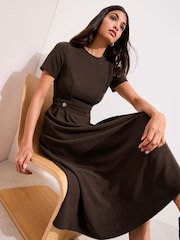 Friends Like These Brown Tab Detail Short Sleeve Midi Tailored Dress - Image 4 of 5