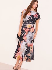 Lipsy Black Bisoux Print Petite Floral Satin Short Sleeve Underbust Midi Dress - Image 1 of 5